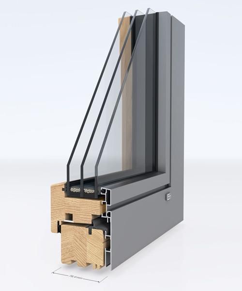 Abbildung eines Querschnitts eines Holz-Alu-Fensters