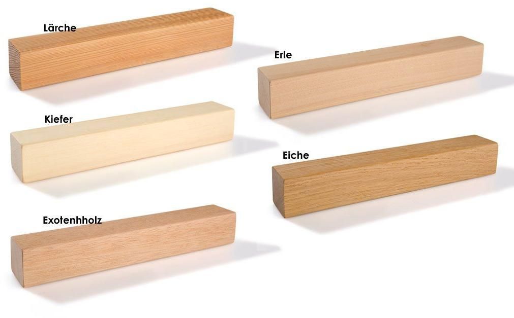 Auflistung der Holzvarianten Lärche Kiefer Exotenholz Erle und Eiche